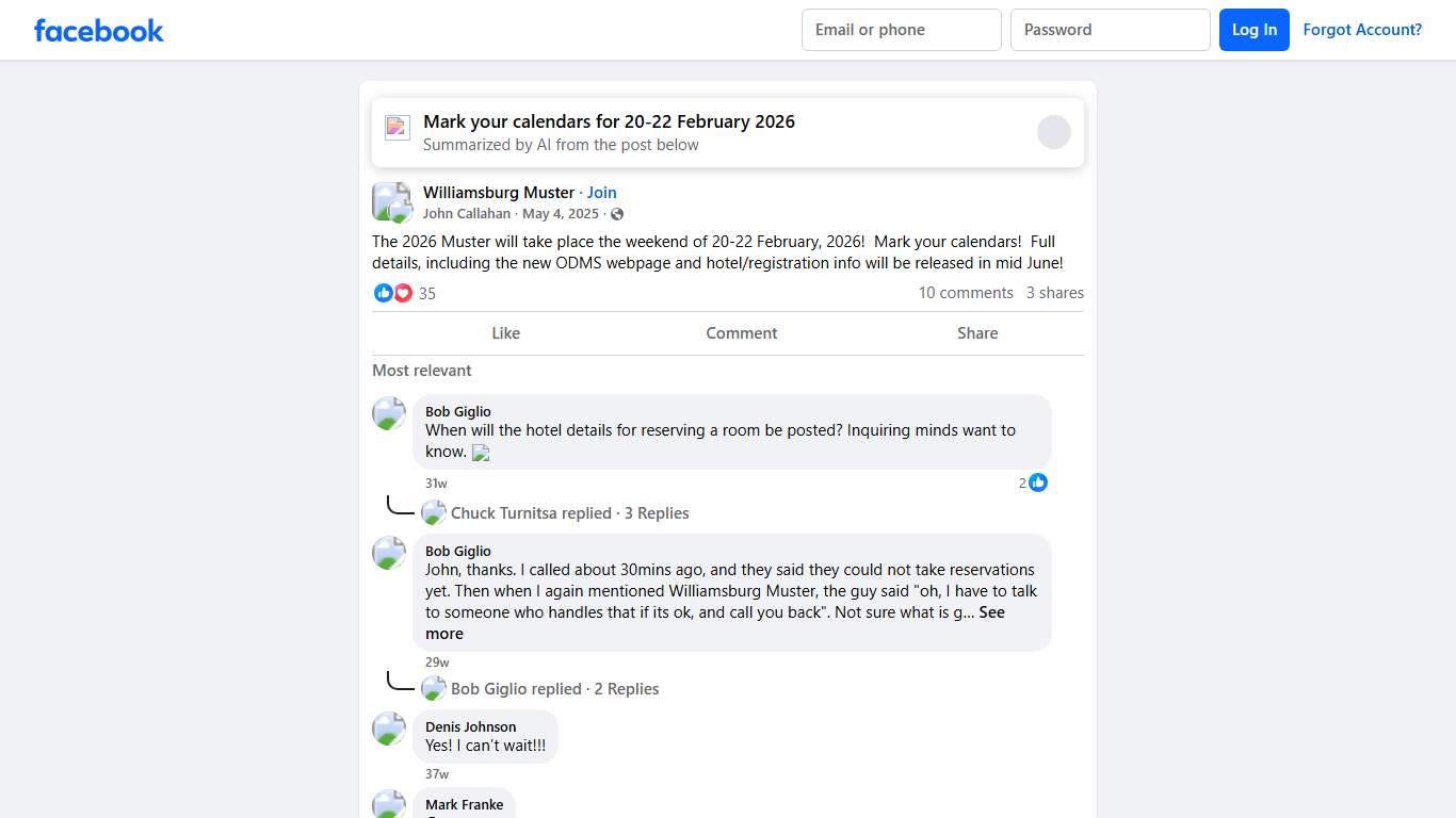 Williamsburg Muster The 2026 Muster will take place the weekend of 20-22 February, 2026 Facebook